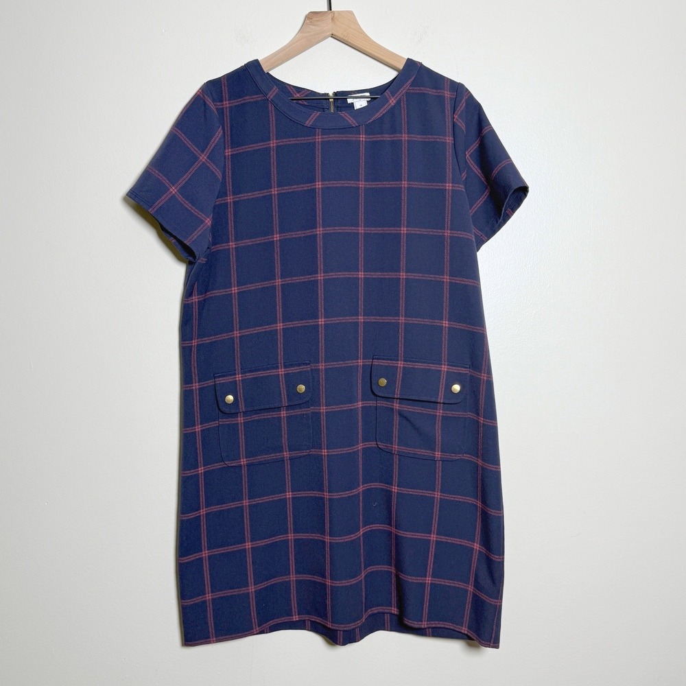 J.Crew Womens Pocket Shift Dress 14 Blue Red Windowpane Plaid Preppy‎ Nautical